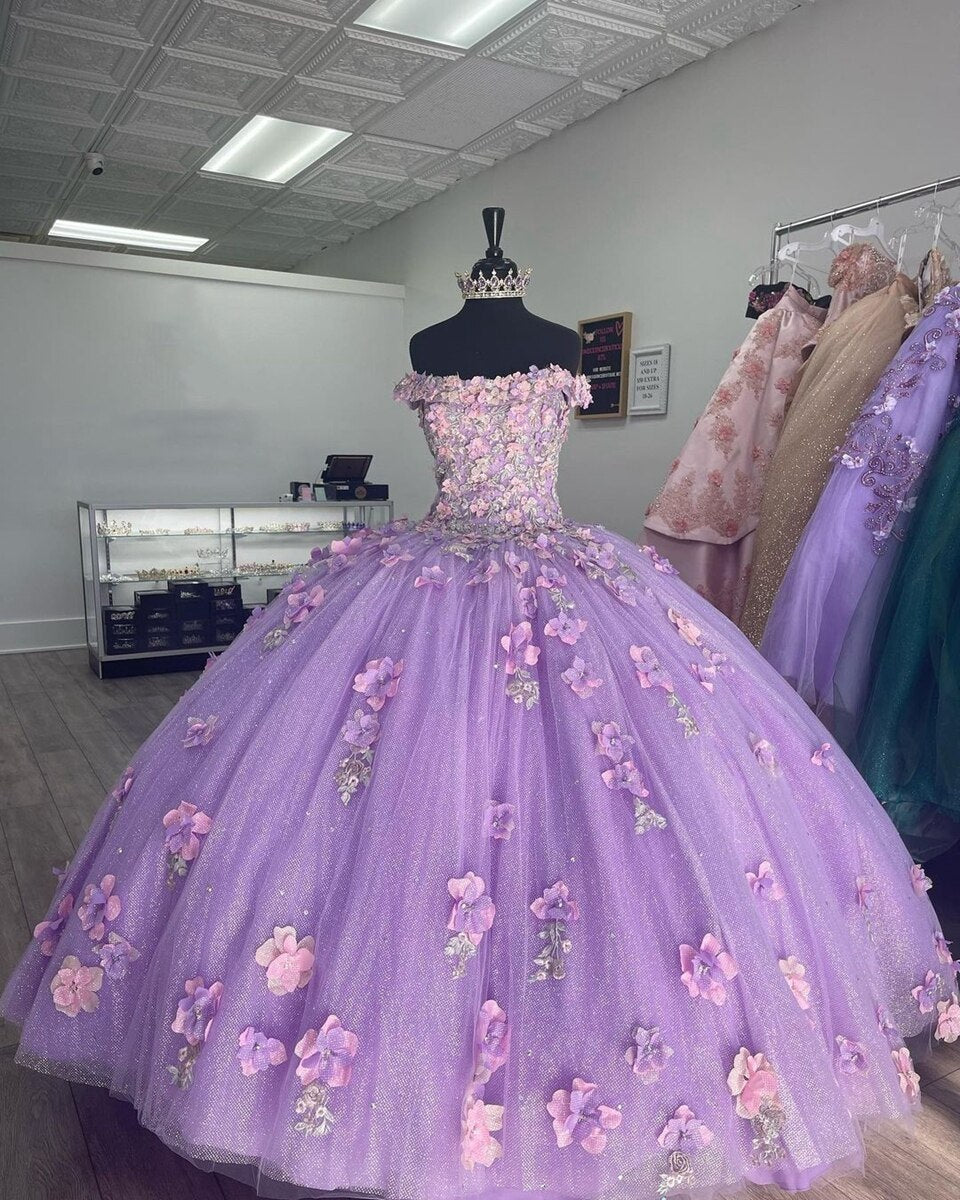 Appliqued Off Shoulder Shiny Elegant Tulle Ball Gown 3D Flowers Princess Evening Dress 15 Lovely