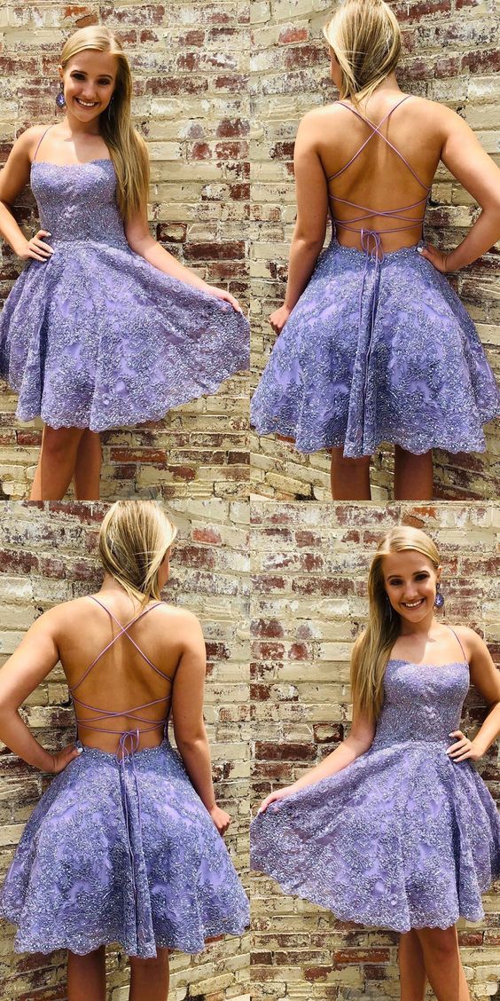 Formal lace short homecoming dresses, open back party dresses