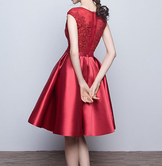 Burgundy lace satin short homecoming dresses