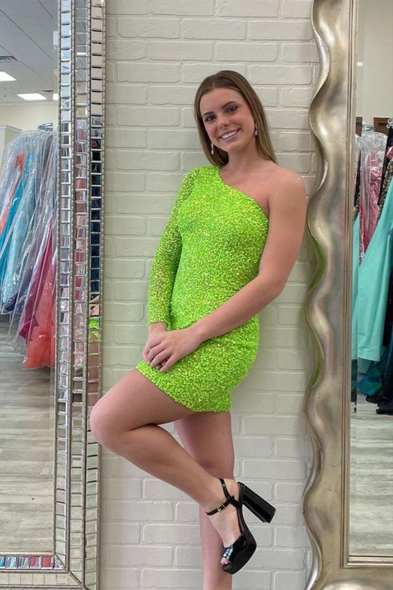 Sparkly Bodycon One Shoulder Fluorescent Green Sequins Short Homecoming Dresses