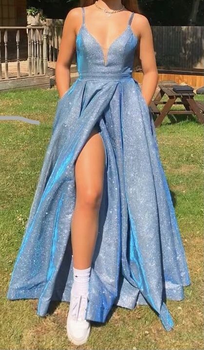 Shiny Blue Sexy V Neck Formal Evening Long Prom Party Dress,Spaghetti Straps Back Open Prom Dress