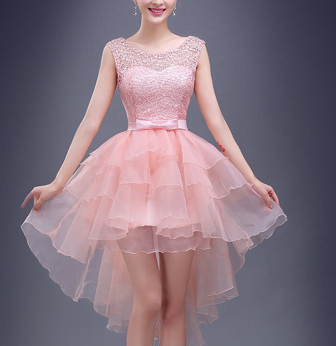 Charming A-line pink lace high-low short prom dress,homecoming dresses