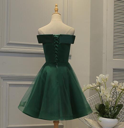 Lovely Off Shoulder Green Short Satin Party Dress With Lace Applique, Green Homecoming Dresses