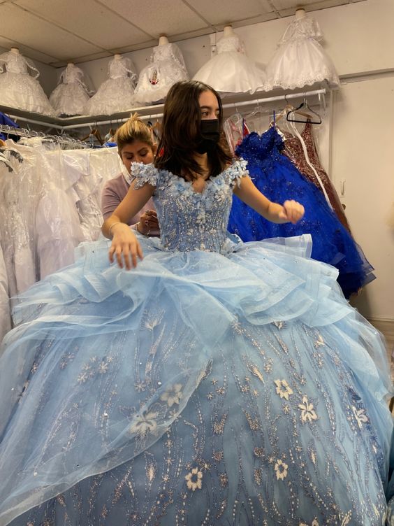 Off The Shoulder Blue Ball Gown Puffy Sweet 16 Dress