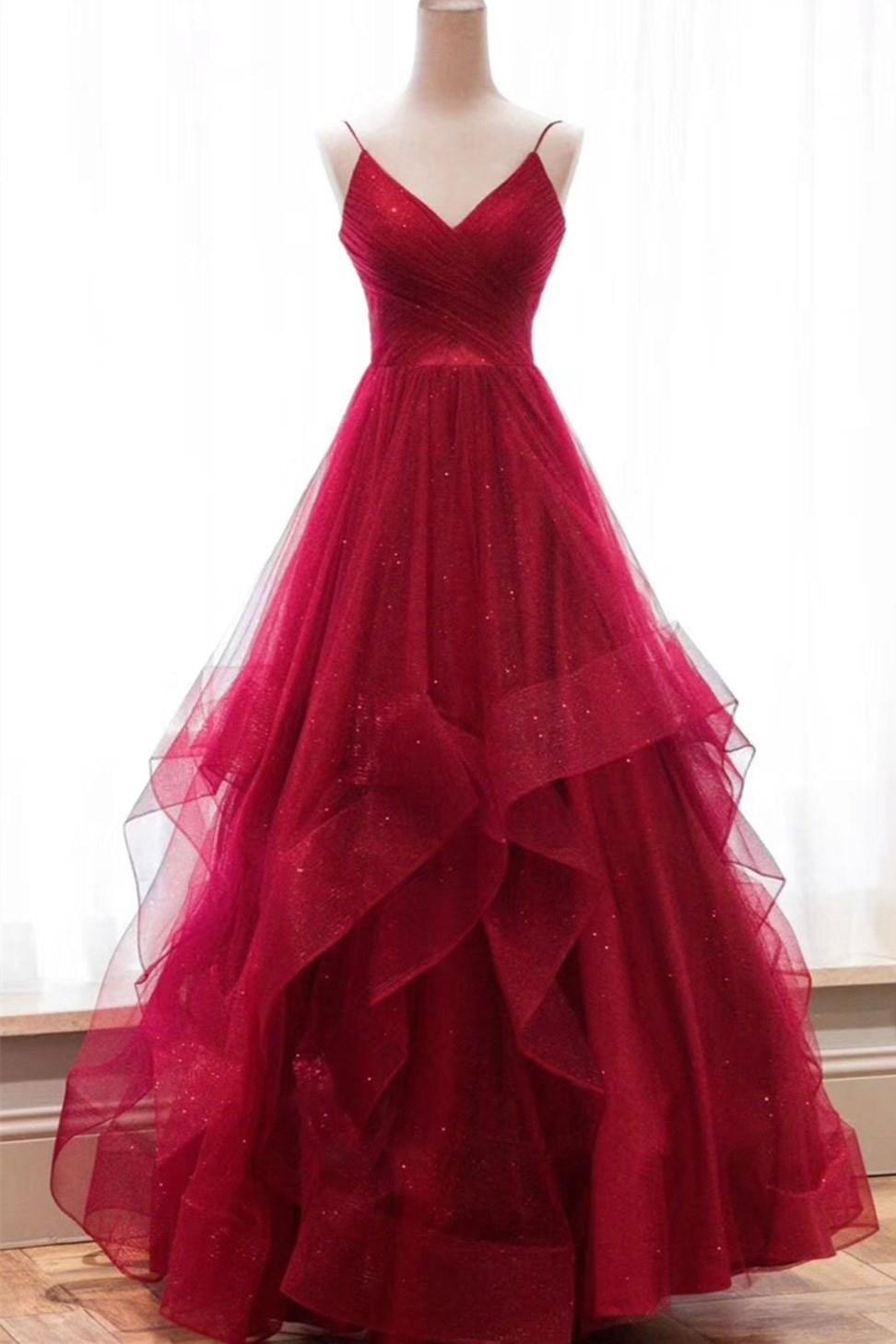 Elegant Blue spaghetti straps tulle long prom dress V-Neck Blue Tulle Prom Dress Long Evening A Line Corset Dress