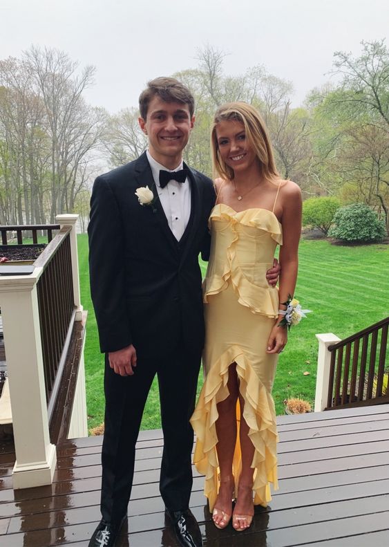 Yellow Satin Long Prom Dress With Ruffles Mermaid Evening Dress