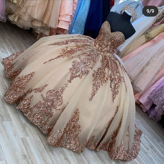 Rose Gold Sweetheart Puffy Princess Ball Gown Sweet 16 Dress Beaded Applique Quinceanera Dresses