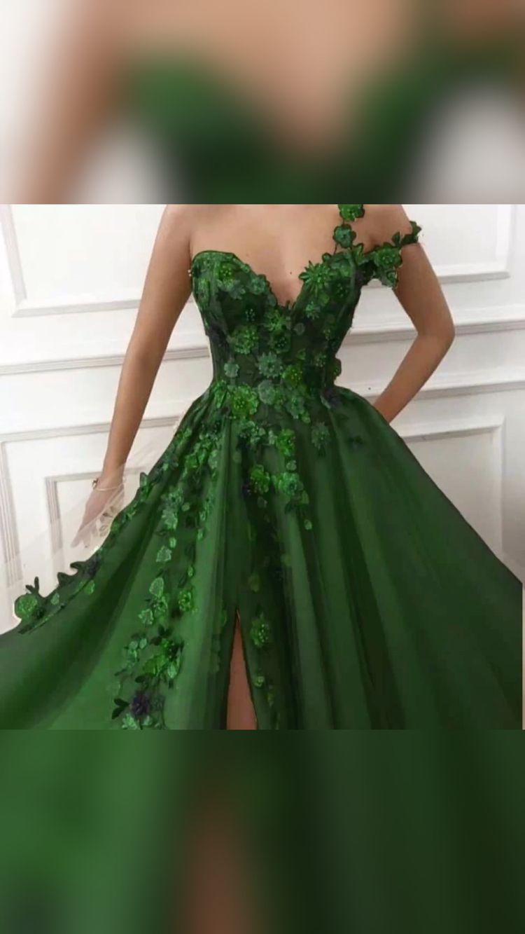 Irregular Shoulder Straps Emerald Green Prom Dress Flowers Appliques Evening Dress