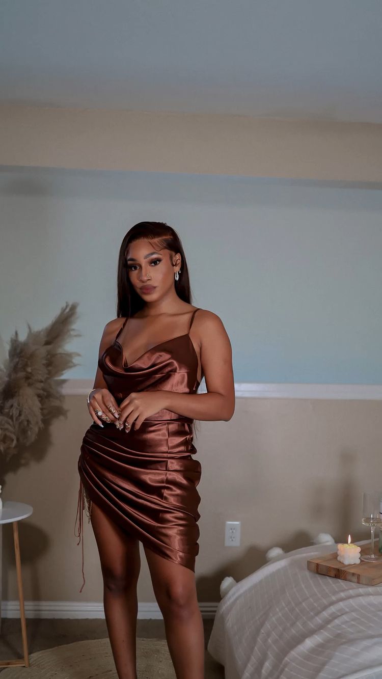 Brown Silk Satin Short Birthday Party Dress