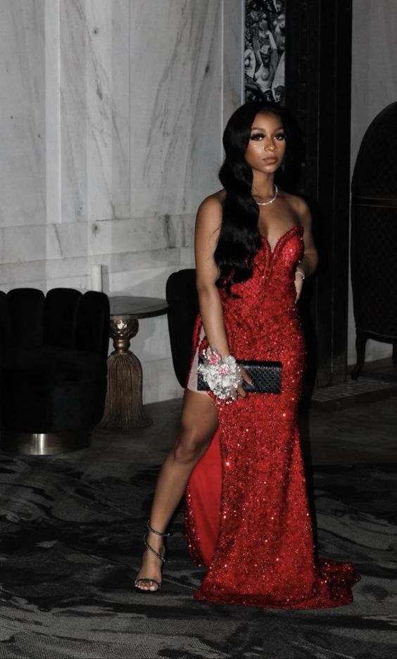 Red Sequins Long Prom Dress Sexy Evening Dress