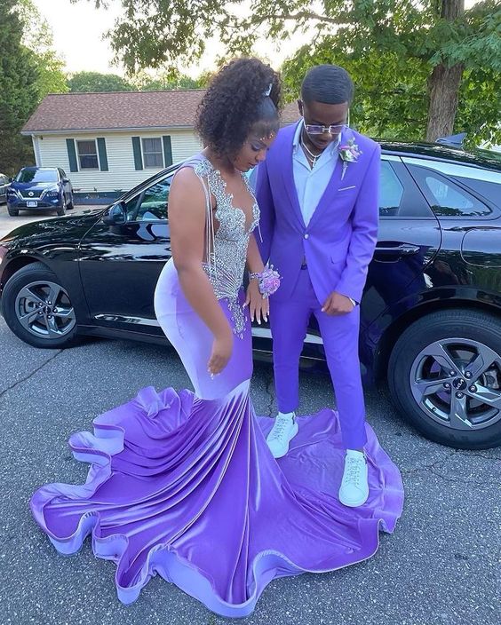 Purple Velvet Mermaid Long Prom Dress For Girls Charming Evening Dress