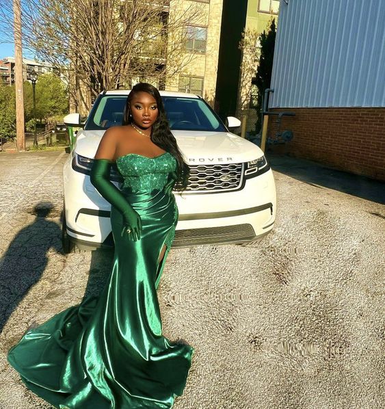 Emerald Green Evening Dress Satin Long Prom Dress For Women Without Gloves