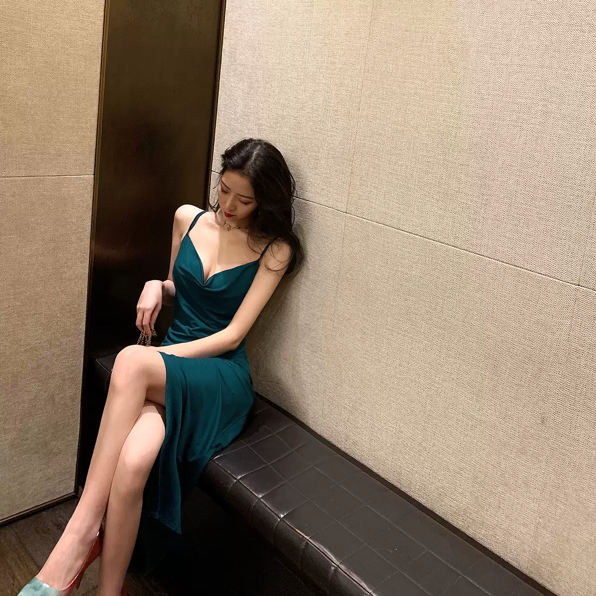 Simple Prom Dress Spaghetti Straps Prom Dress with Slit Backless Party Dress