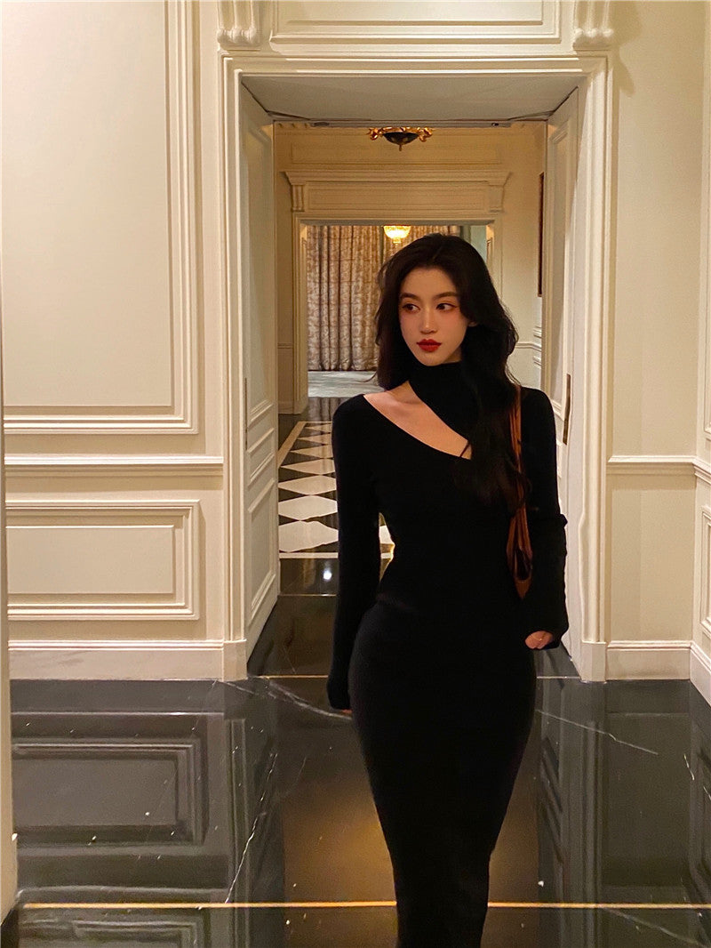Black Sexy Off Shoulder Dress Women Vintage Elegant Highneck All Match Long Sleeve Bodycon Dresses Femme Party Dress Black Prom Dress