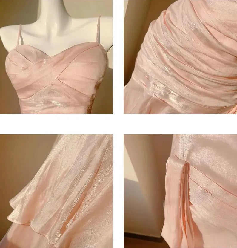 Sweet Pink Mermaid Strapless Pleated Tiered Satin Prom Dress Evening Dress Bridesmaid Dress