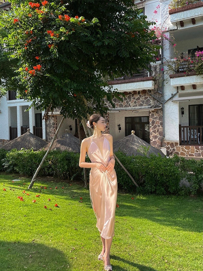 Rose Pink Satin Strap Dress Simple Party Dress