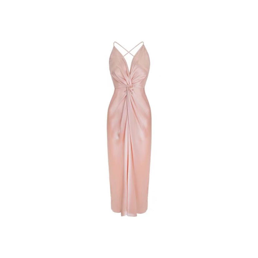 Rose Pink Satin Strap Dress Simple Party Dress