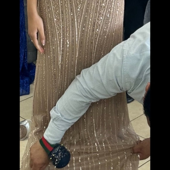 Luxurious Sparkling Champagne V-Neck Beaded Sequin Mermaid Tulle Train Prom Dress Evening Dress