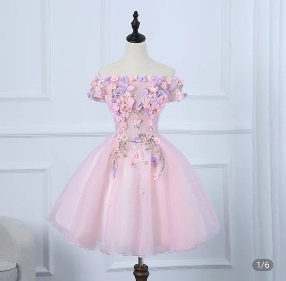 Off the shoulder Pink Short Homecoming Dress With Flowers