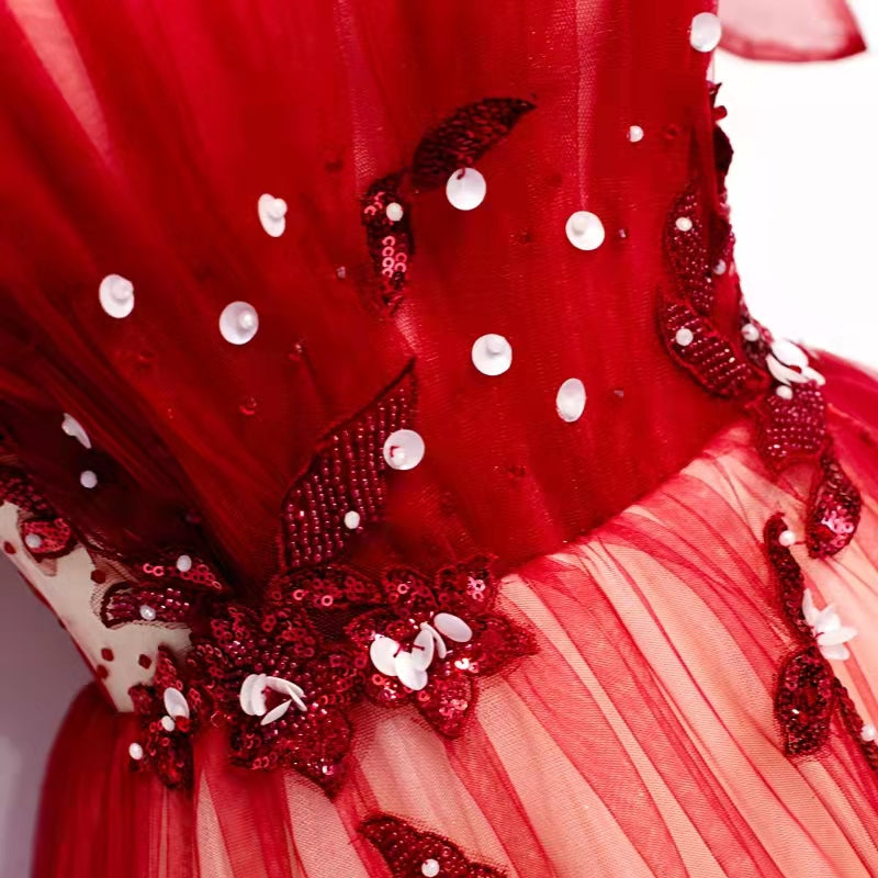 Burgundy off shoulder tulle long prom dress burgundy formal dress