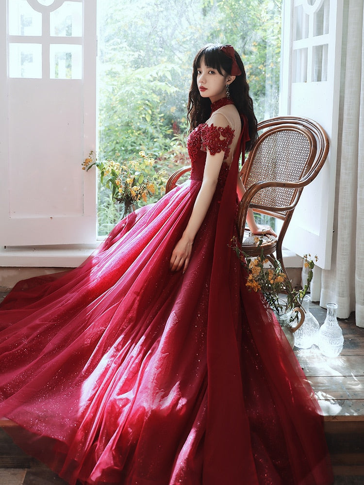 Luxury Burgundy High Neck Beading Evening Dress