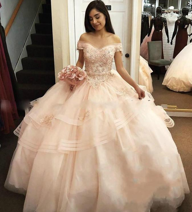 Sweet 16 Dresses Bead Ball Gowns Quinceanera Dresses Off The Shoulder Ruffle Tiered Puffy Prom Dresses