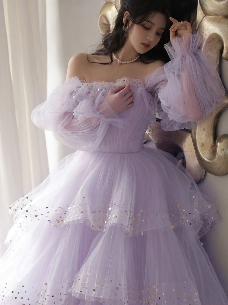 Light Purple Tulle Layers Ball Gown Princess Formal Dresses, Long Sweet 16 Dresses