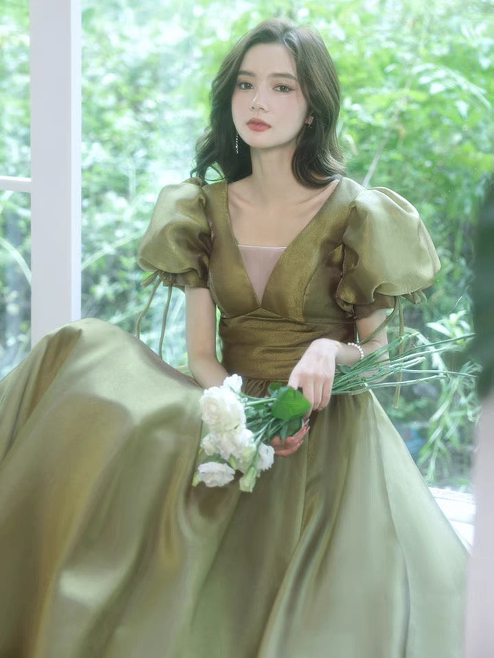 Socialite evening dress, escaped princess high sense party dress, bubble sleeve green prom dress