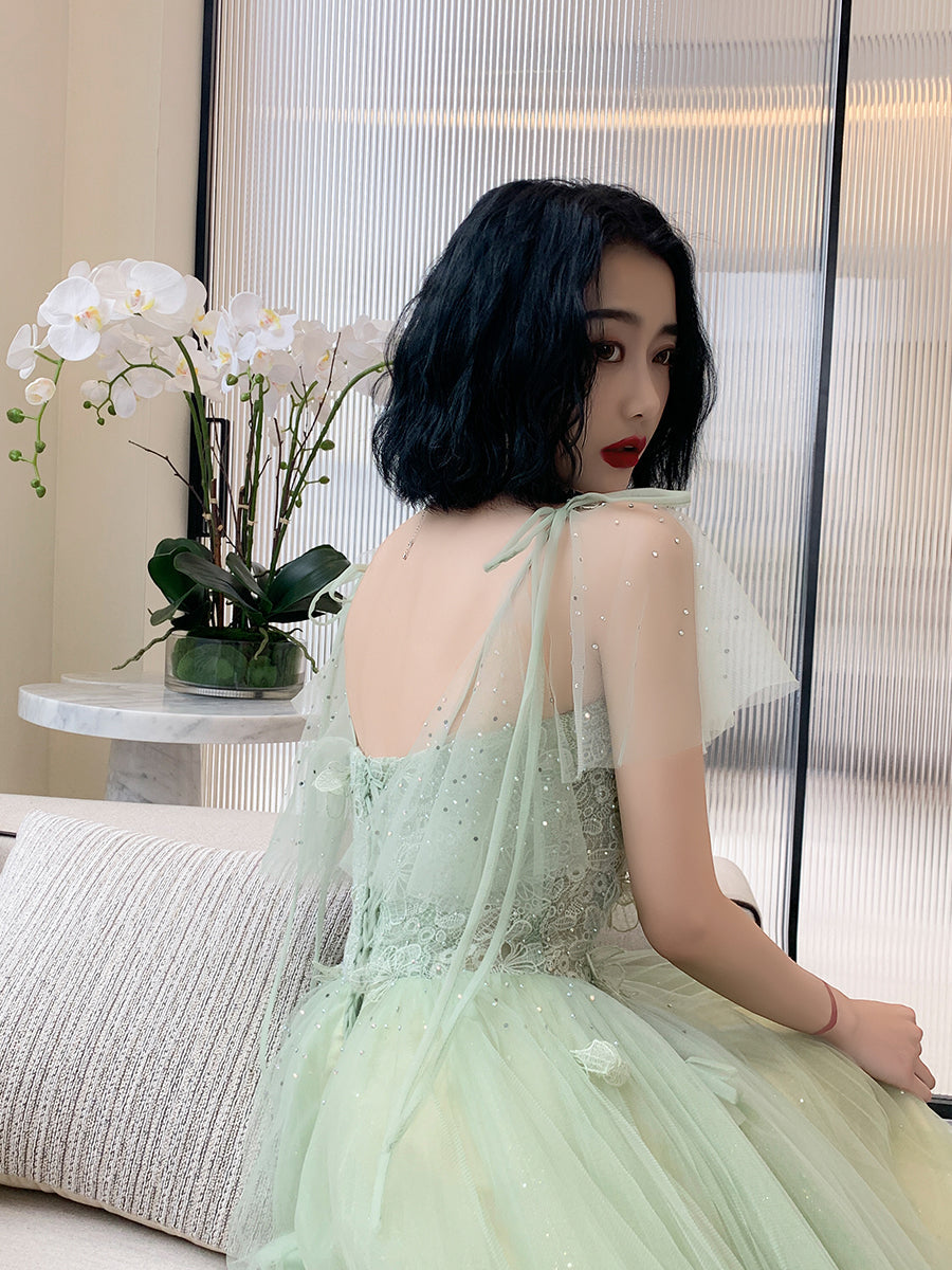 Light Green Tulle with Lace Cap Sleeves Long Evening Dress, Beautiful Green FormaL Dresses