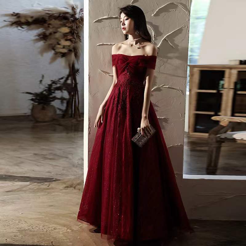 Burgundy tulle sequins long prom dress evening dress