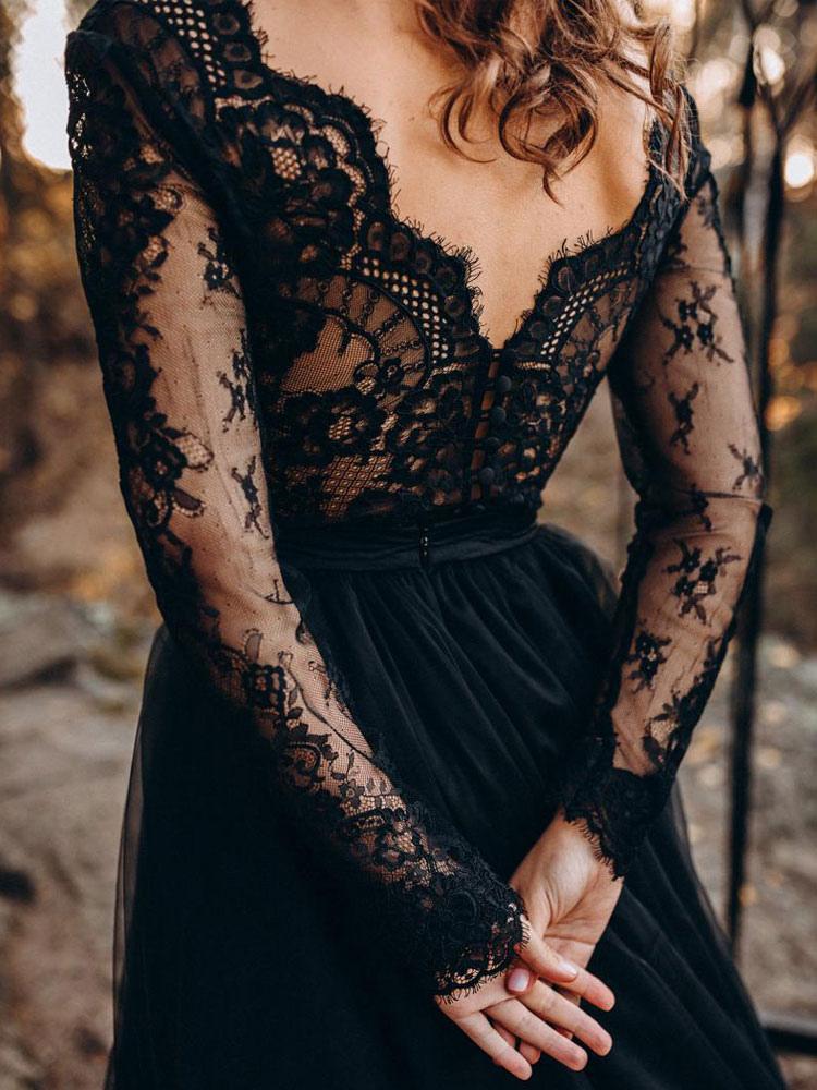 Black Long Sleeves Lace Evening Dress Tulle Party Dress