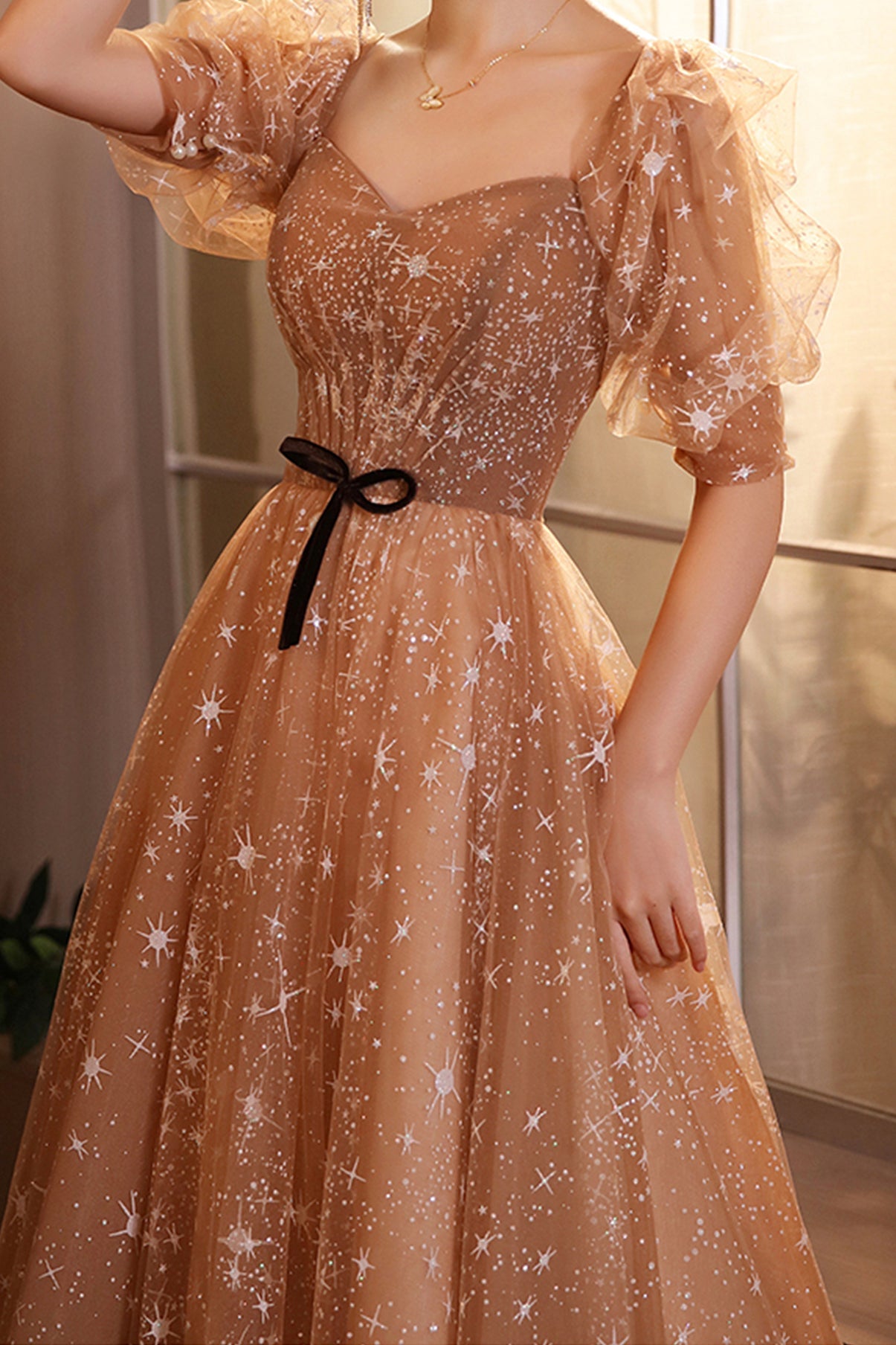 Elegant Champagne Evening Dresses Female Lanturn Sleeves Bow Lace Up Long French Style Ball Gowns