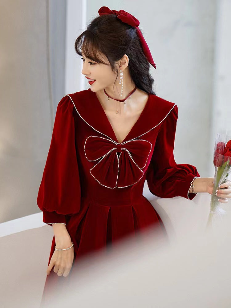 New style, autumn and winter long sleeve dress, party velvet evening dress, New Year prom dress,custom made