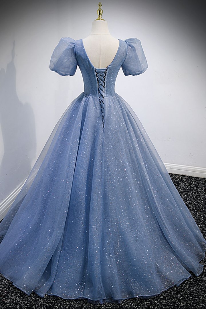Blue v neck tulle beads long prom dress evening dress