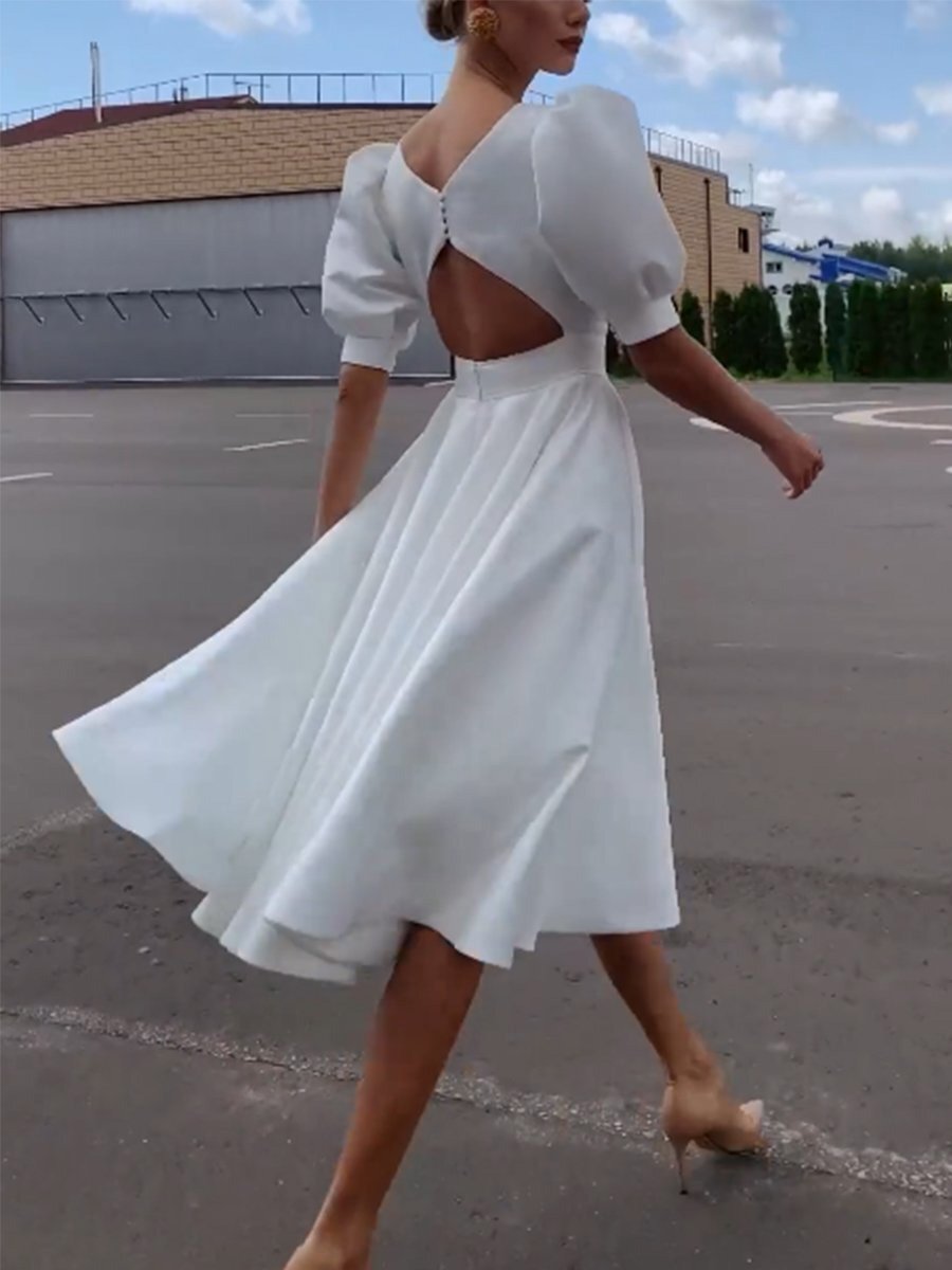 White Dress with Hollow Back Short Prom Dress , Somple Party Dress