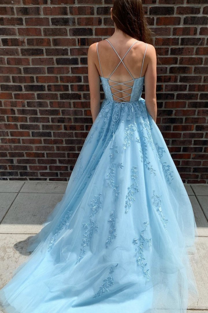 Light Blue Applique Lace up back Prom Dress