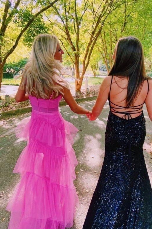 Princess Hot Pink A Line Tulle Long Prom Dress Layered Ruffles Evening Gown