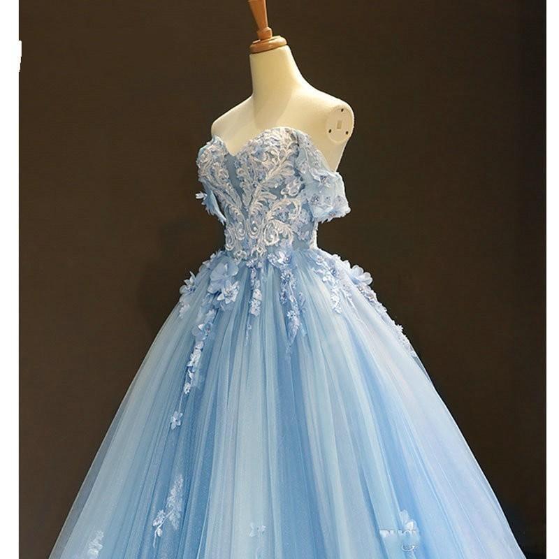 Sky Blue Prom Dresses Cheap 3D Flowers Applique Ball Gown Off Shoulder Corset Back Sweet 15 Quinceanera Dress