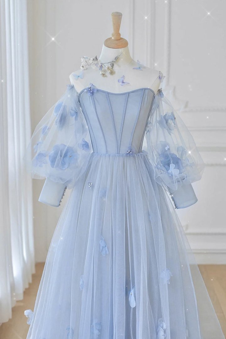 Blue tulle long sleeve prom dress blue evening dress