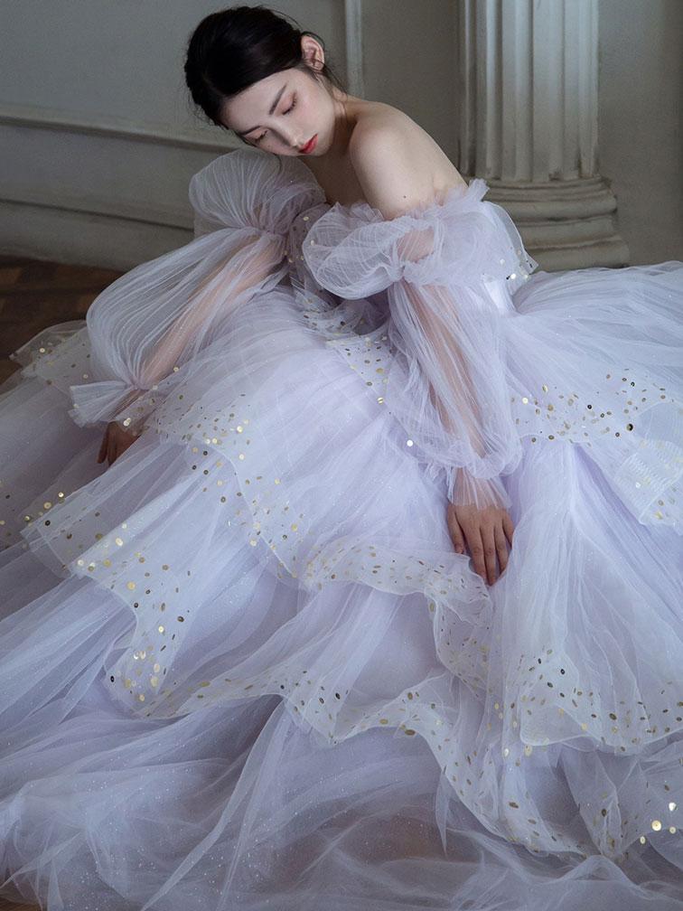 Light purple tulle long prom dress, purple tulle evening dress