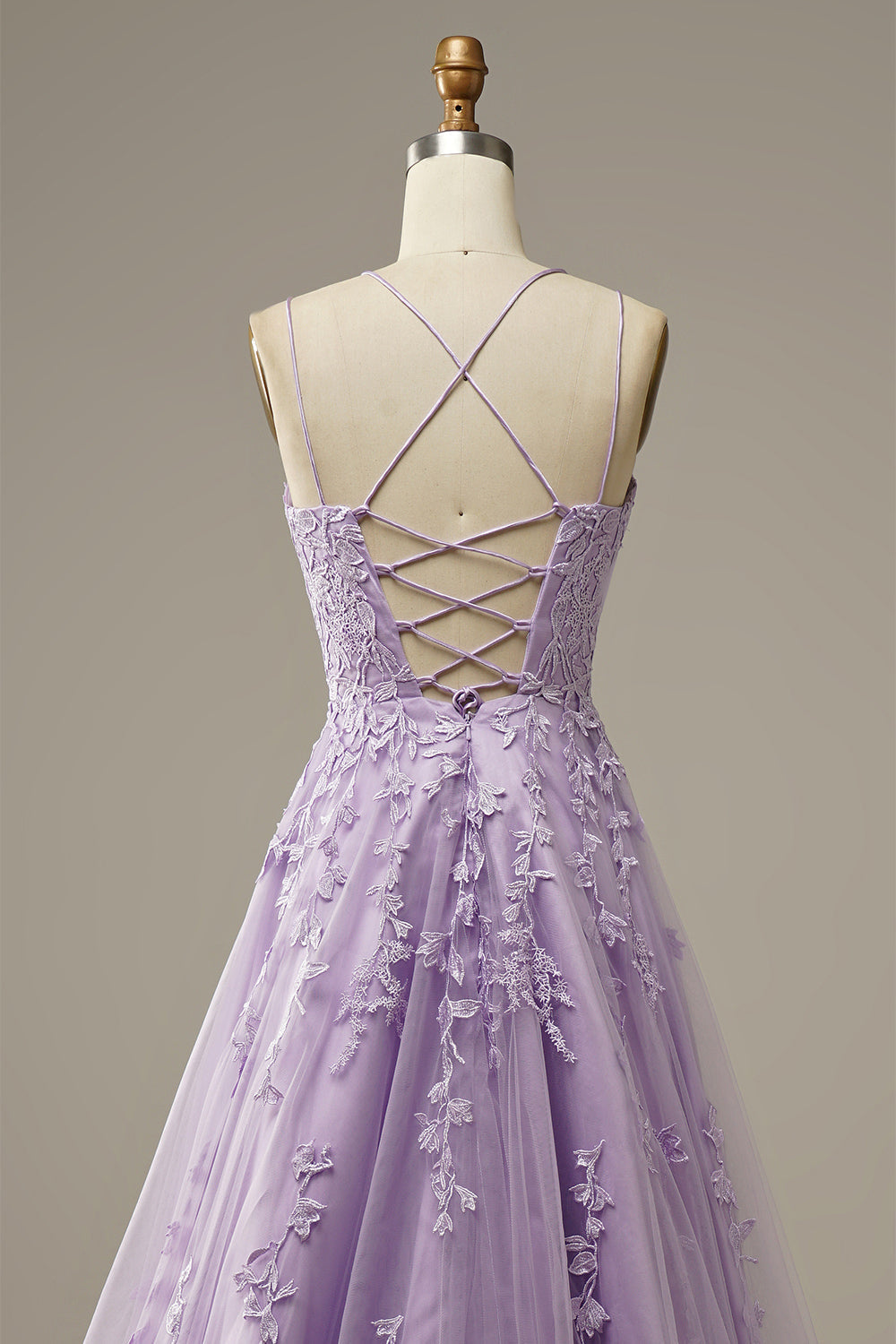 Spaghetti Straps Lilac Tulle Lace Long Prom Dress