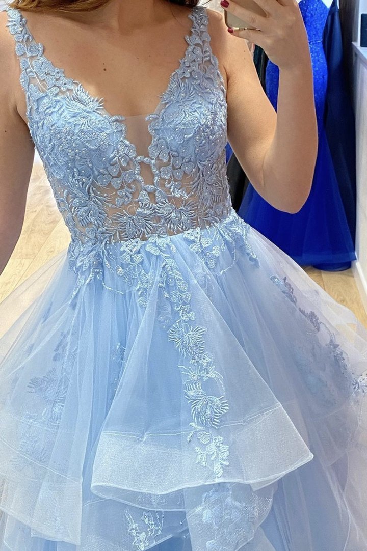 Princess A-Line V Neck Blue Tulle Long Prom Dresses with Appliques