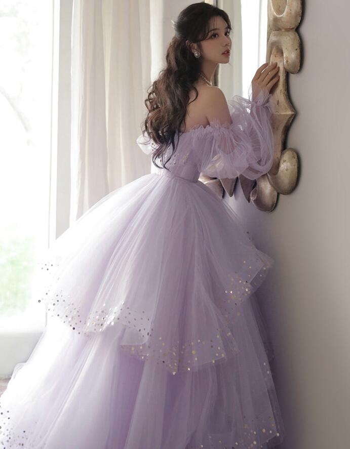Light Purple Tulle Layers Ball Gown Princess Formal Dresses, Long Sweet 16 Dresses