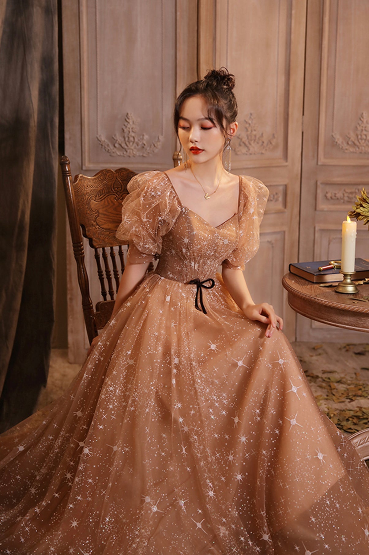 Elegant Champagne Evening Dresses Female Lanturn Sleeves Bow Lace Up Long French Style Ball Gowns