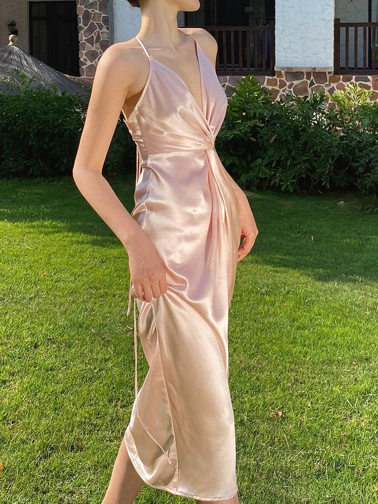 Rose Pink Satin Strap Dress Simple Party Dress