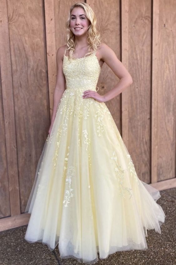 A Line Floor Length Lace Yellow Tulle Long Prom Dress, Yellow Lace Formal Dress, Yellow Evening Dress
