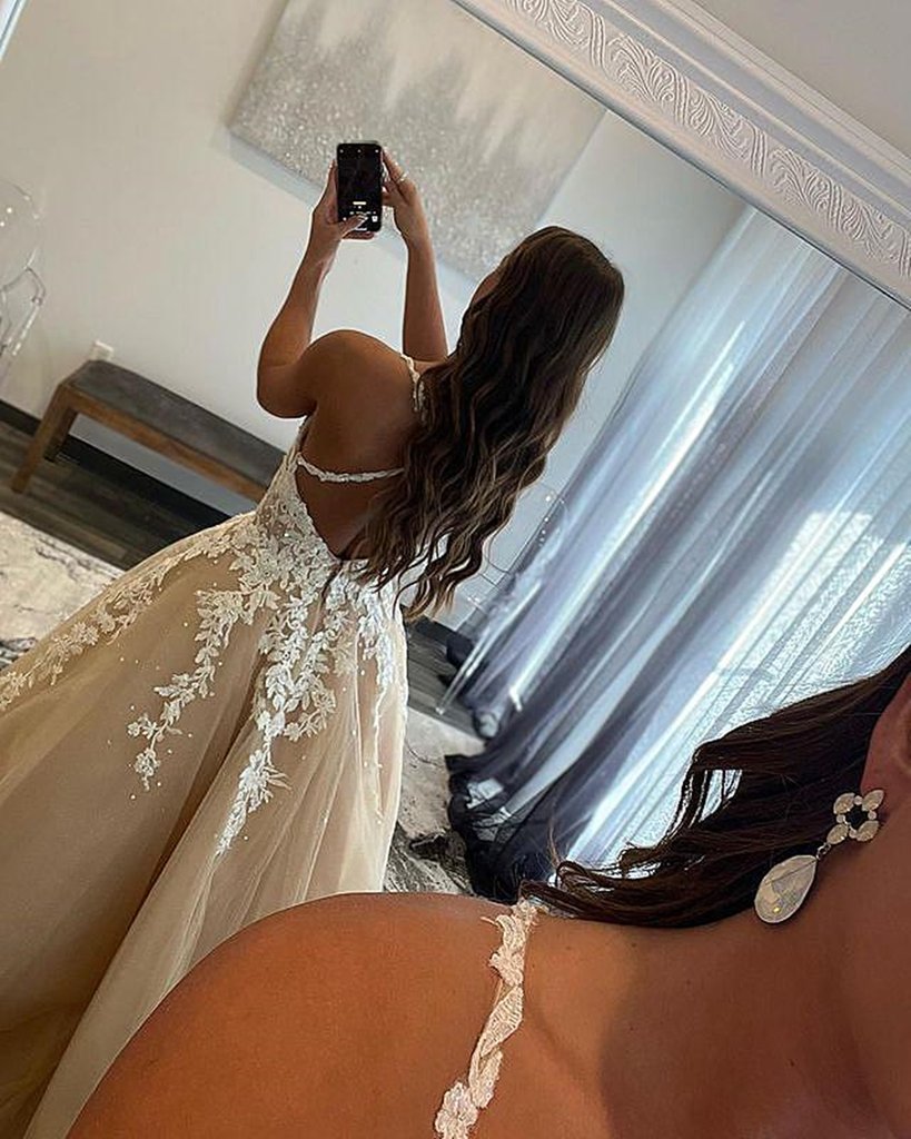 V Neck Champagne Lace Prom Dresses, Long Champagne Lace Formal Evening Dresses