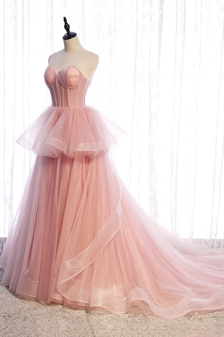 Pink tulle long prom dress A line evening gown
