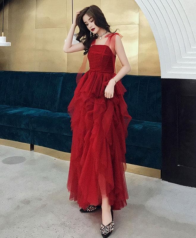 Burgundy Sweetheart Tulle Long Prom Dress, Burgundy Evening Dress