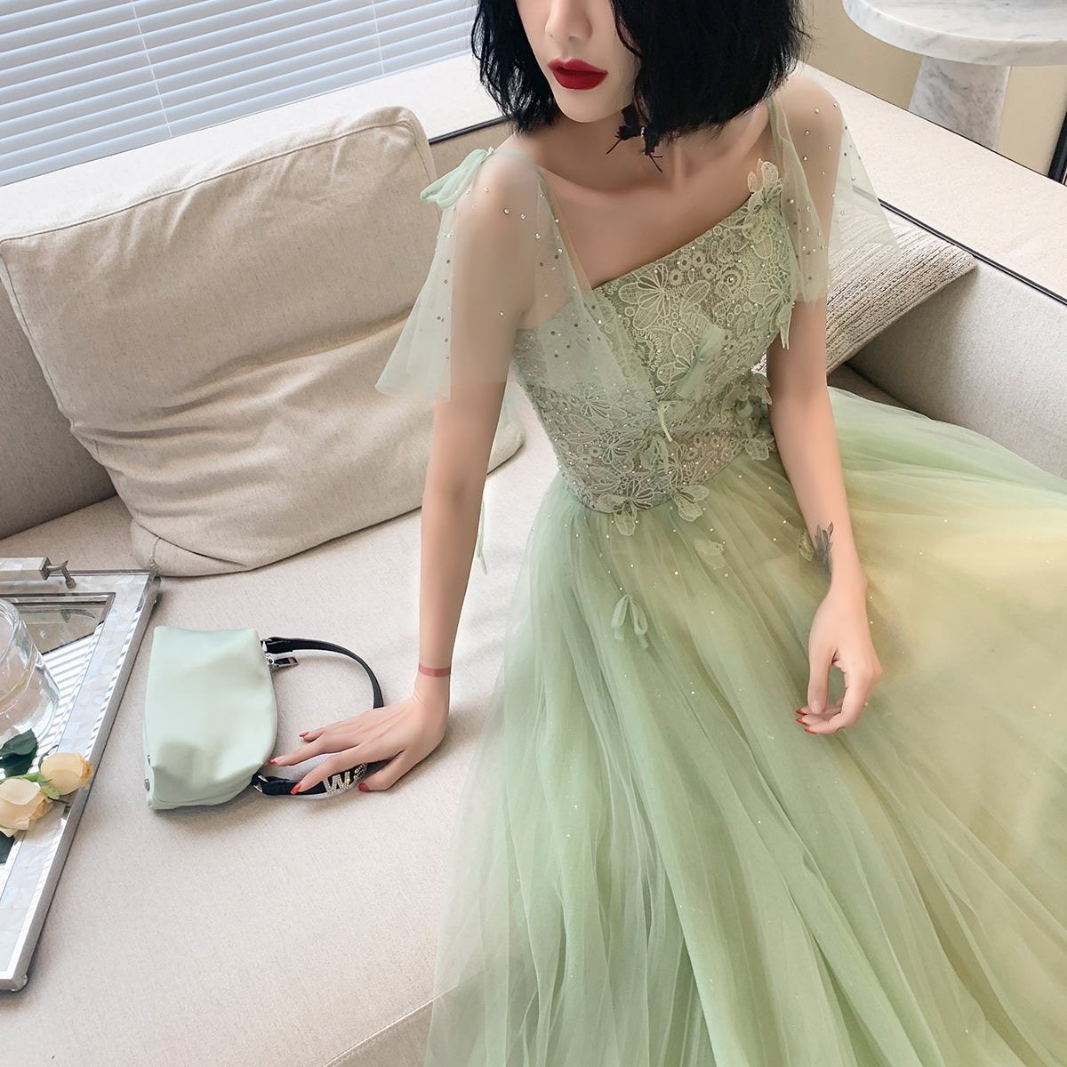 Light Green Tulle with Lace Cap Sleeves Long Evening Dress, Beautiful Green FormaL Dresses